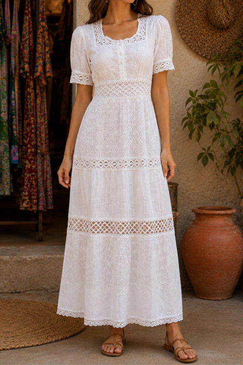 VESTIDO INDIANO LONGO BRANCO 100% ALGODAO