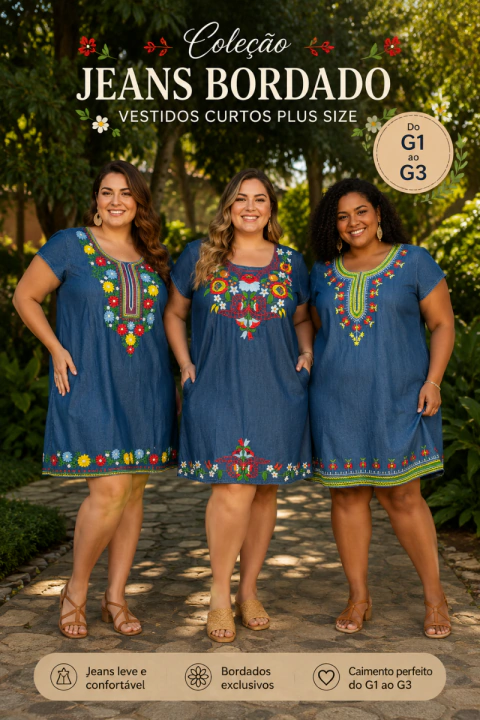 VESTIDO INDIANO CURTO JEANS BORDADO PLUS SIZE