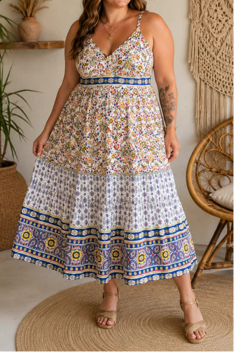 VESTIDO INDIANO MIDI PLUS SIZE FLORAL