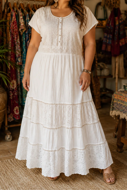 VESTIDO INDIANO LONGO ALGODÃO CRU PLUS SIZE