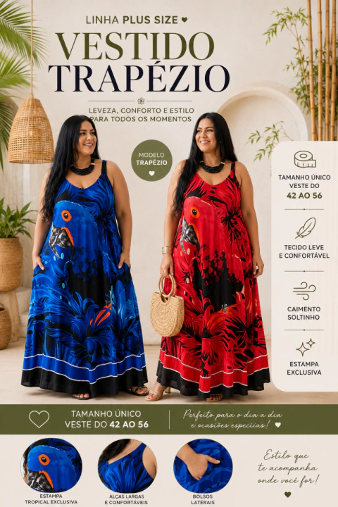 VESTIDO INDIANO TRAPÉZIO TROPICAL ARARAS