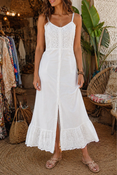 VESTIDO INDIANO LONGO DE ALÇA BRANCO 100% ALGODAO
