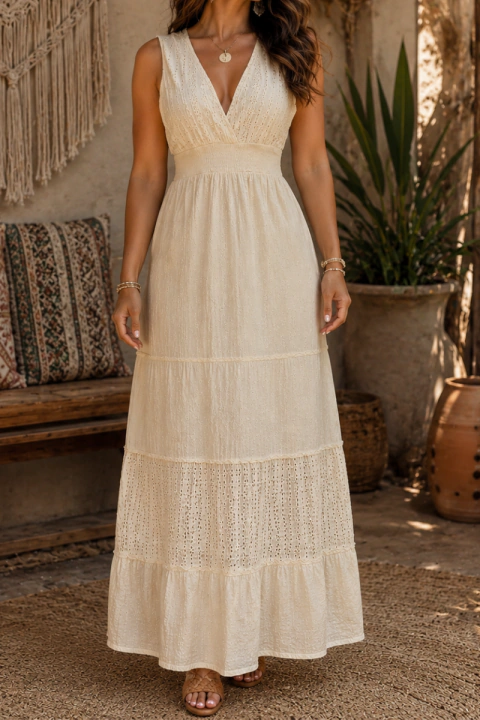 VESTIDO INDIANO LONGO BOHO 100% ALGODAO CRU