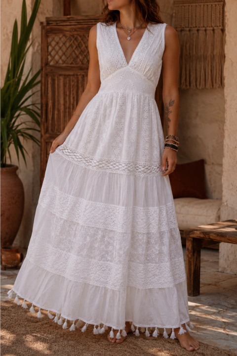 VESTIDO LONGO INDIANO BRANCO 100% ALGODÃO