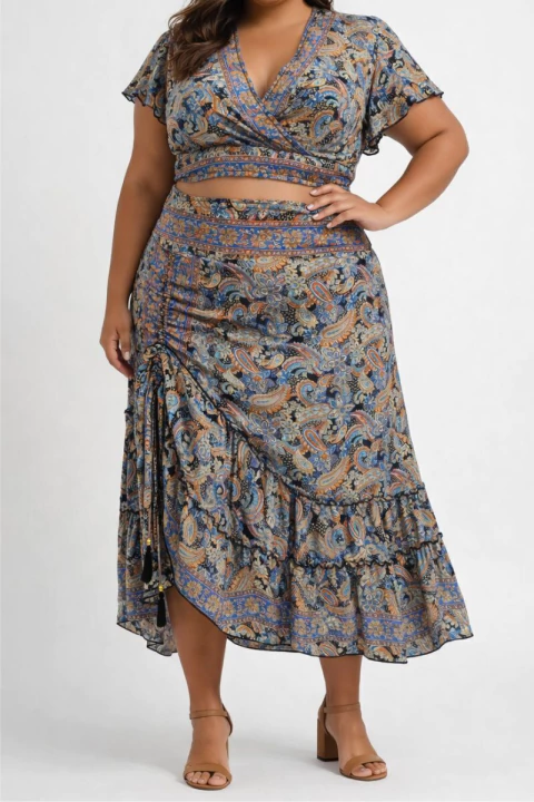 CONJUNTO INDIANO TOP CROPPPED E SAIA MIDI