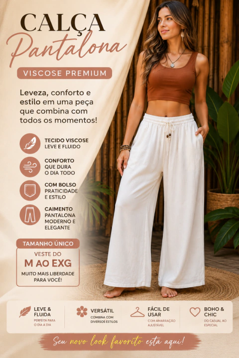 CALÇA PANTALONA BRANCA EM VISCOSE