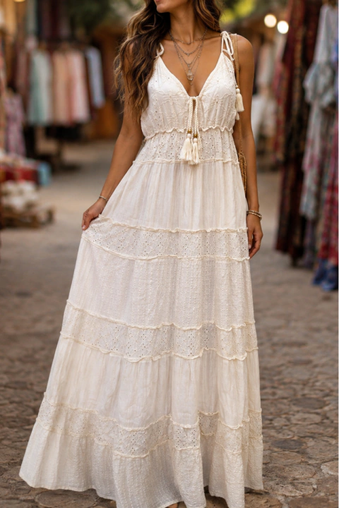 VESTIDO INDIANO LONGO BOHO EM ALGODÃO-CRU