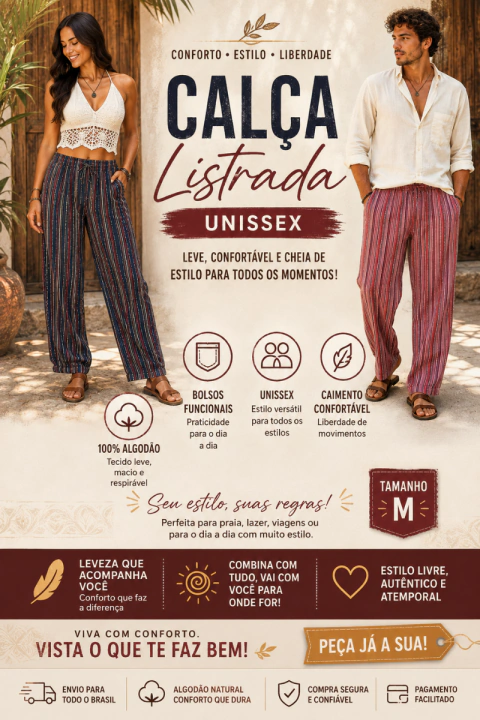 CALÇA LISTRADA INDIANA UNISSEX EM ALGODÃO