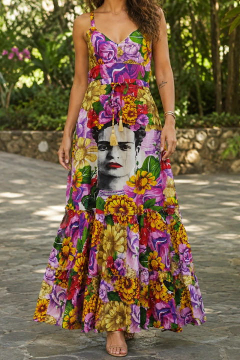 VESTIDO LONGO ESTAMPA FLORAL & FRIDA KAHLO