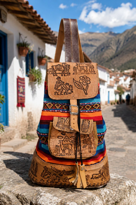MOCHILA PERUANA ARTESANAL EM TECIDO ANDINO E COURO GRAVADO