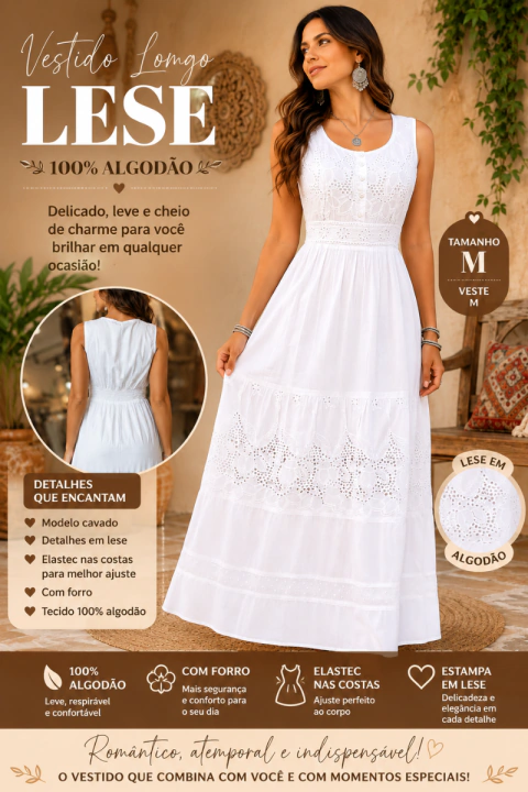 VESTIDO INDIANO LONGO BRANCO 100% ALGODAO