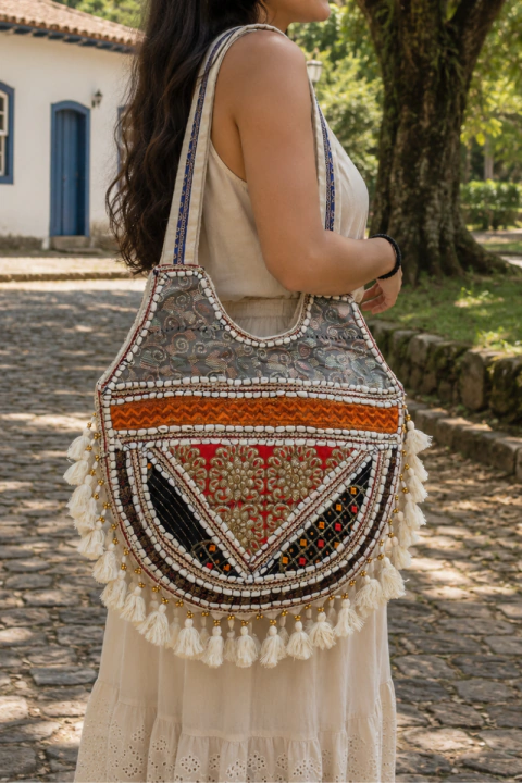 BOLSA INDIANA DE TECIDO COM DETALHES BORDADOS ARTESANAL