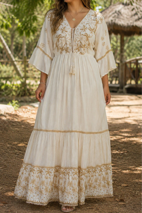VESTIDO LONGO INDIANO BOHO EM ALGODÃO CRU COM BORDADOS