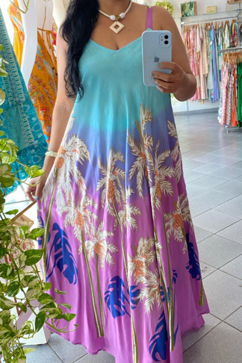 VESTIDO INDIANO TRAPÉZIO TROPICAL COQUEIROS