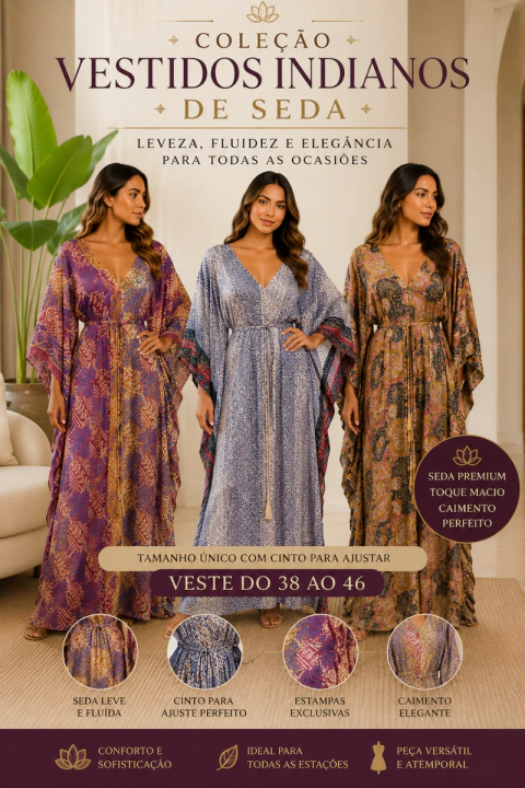 VESTIDO INDIANO LONGO DE SEDA-TAMANHO UNICO