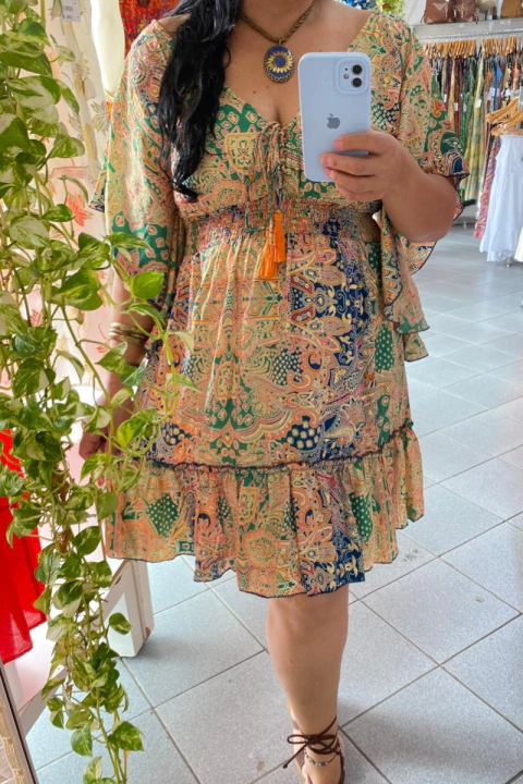 VESTIDO CURTO ESTAMPADO BOHO COM MANGA TRAPEZIO