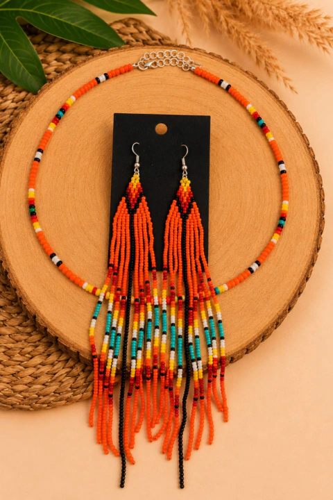 KIT COLAR E BRINCO DE MIÇANGAS COLORIDAS