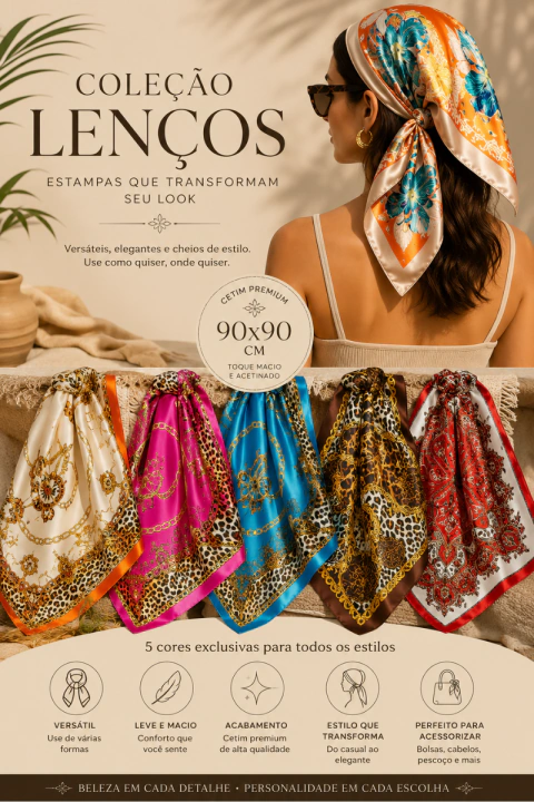 LENÇO DE CETIM ESTAMPADO 90 X 90 CM