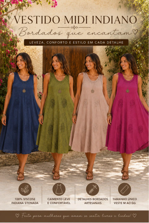 VESTIDO INDIANO TRAPÉZIO MIDI STONADO