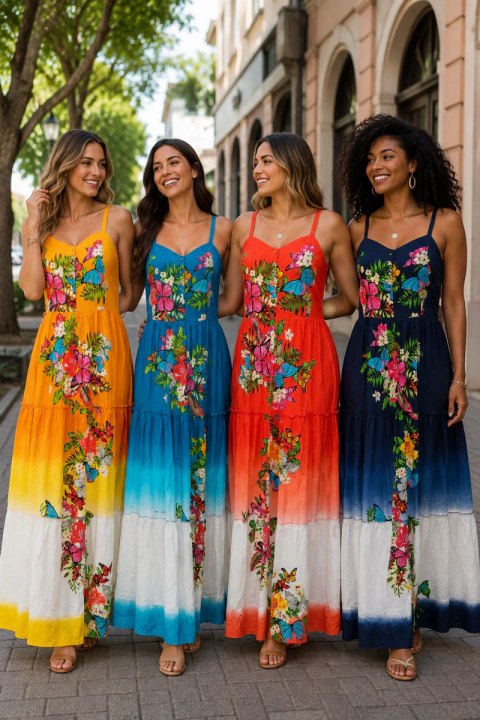 VESTIDO INDIANO LONGO DE VISCOSE ESTAMPADO EM DEGRADÊ