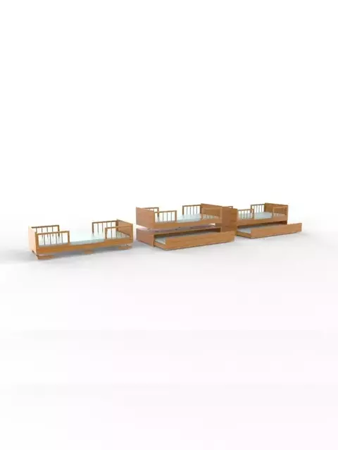 Conjunto de camas en forma de carro, adecuado para minicamas y cunas, en color madera clara.