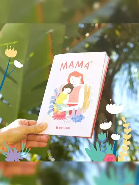Libreta de hojas ralladas con ilustración de una madre y su hijo, rodeada de flores y vegetación.