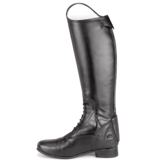 Bota de hipismo em couro ecológico, de cor preta, com cano alto e fechamento em zíper.