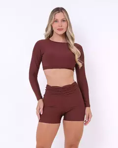 Conjunto Short Básico Cós Franzido Light Coffee + Top Maria