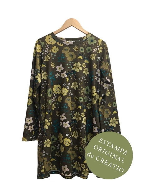 Vestido EVASE lanilla flores verdes chicas