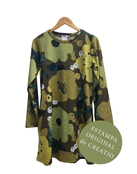 Vestido EVASE lanilla flores verdes grandes