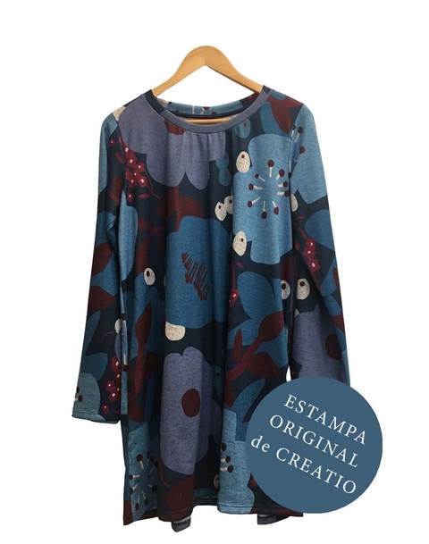 Vestido EVASE lanilla flores azules grandes