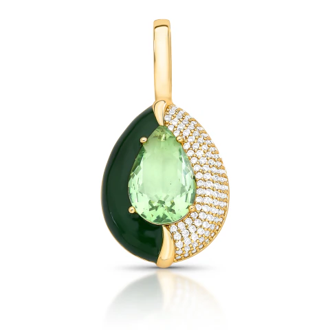 Pingente esmaltado italiano banhado a ouro com fecho, cristal peridoto em formato gota e zircônias Ana Tereza Semijoias.