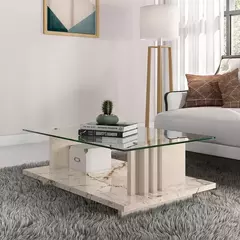 Mesa de Centro Retangular com Tampo de Vidro Frizz Calacata/Offwhite - comprar online