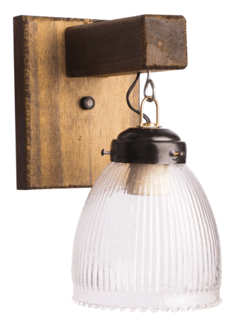 APLIQUE 1 LUZ CON MADERA RECTA y tulipa de 13 cm. transparente.