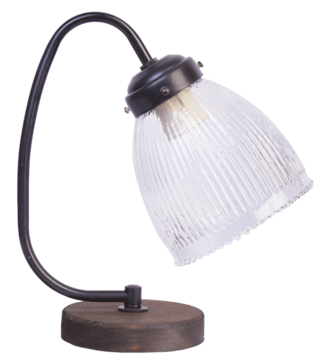 VELADOR MADERA Y CAÑO, con tulipa de 13 cm. transparnte.