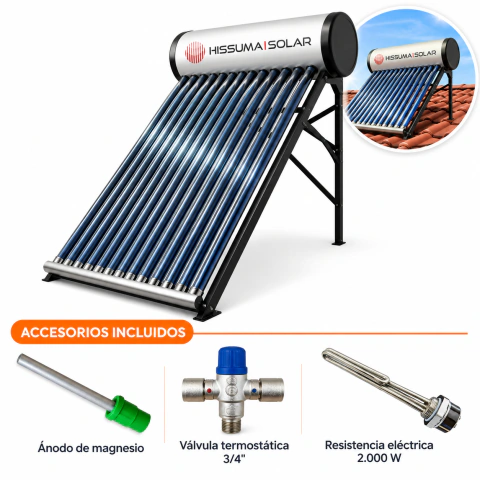Termotanque Solar Termosifónico No Presurizable + Kit Electrico + Anodo de Mg + Valvula
