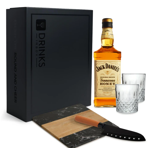 Black Box Nro 192 - Whisky Jack Daniels Honey + Vasos + Cuchillo + Tabla Marmol Negro y Madera
