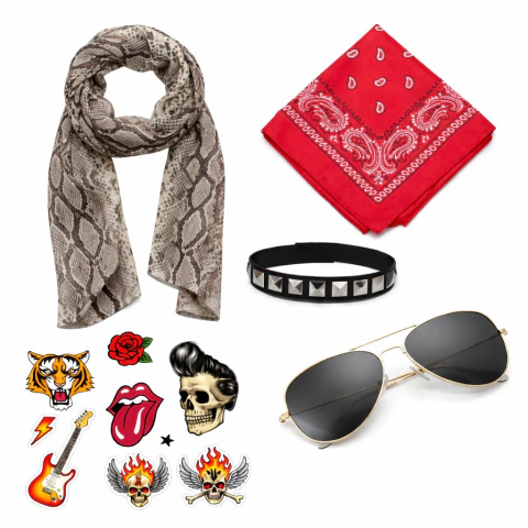Kit Cosplay Roqueiro com Bandana|Óculos|Lenço|Tatto|Festa Carnaval Halloween