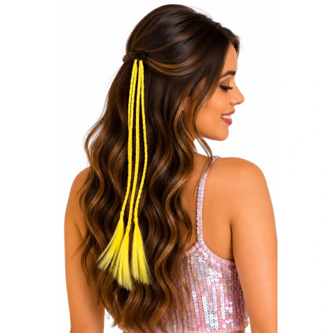 Aplique de Cabelo com Tranças Neon Amarelo e Franja