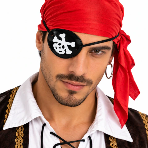 Kit Pirata com Bandana Vermelha e Tapa-Olho para Fantasia