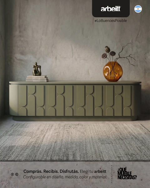 Rack de TV consola arbeitt Arco color verde oliva con diseño curvo y decoraciones minimalistas sobre alfombra gris y pared texturada