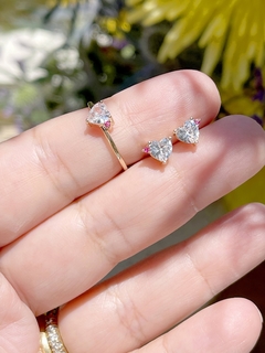 Conjunto Brinco com Anel Coração Zircônia Branca Banho de Ouro 18K - Adriana Cianelli