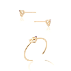 Conjunto Brinco com Anel Coração Zircônia Banho de Ouro 18K