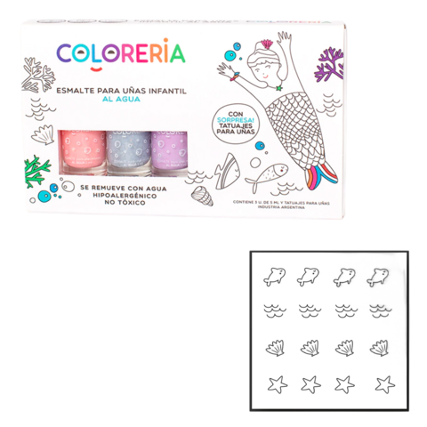 Set De Esmaltes al agua X3 + Tatuajes Lavables Infantil Coloreria en internet