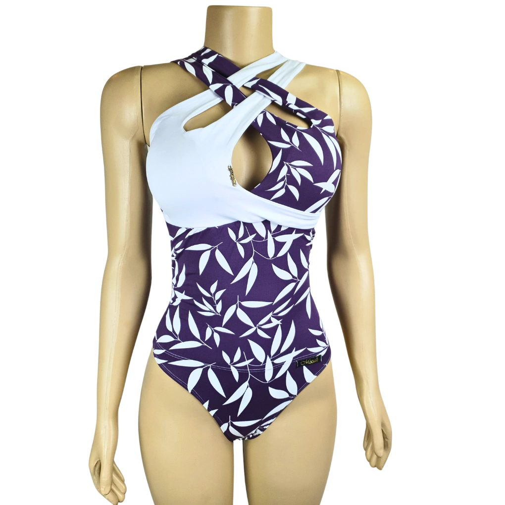 BODY BUSTO CRUZADO MODELADOR ALTA COMPRESSÃO MOOAH ESTAMPA FLORAL UVA