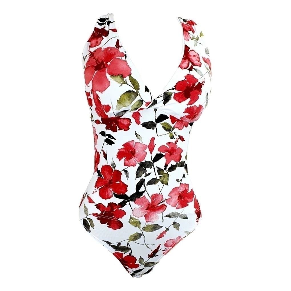 BODY FRENTE ÚNICA COSTAS NADADOR REDUTOR DE MEDIDAS ALTA COMPRESSÃO MOOAH ESTAMPA FLORAL VERMELHO