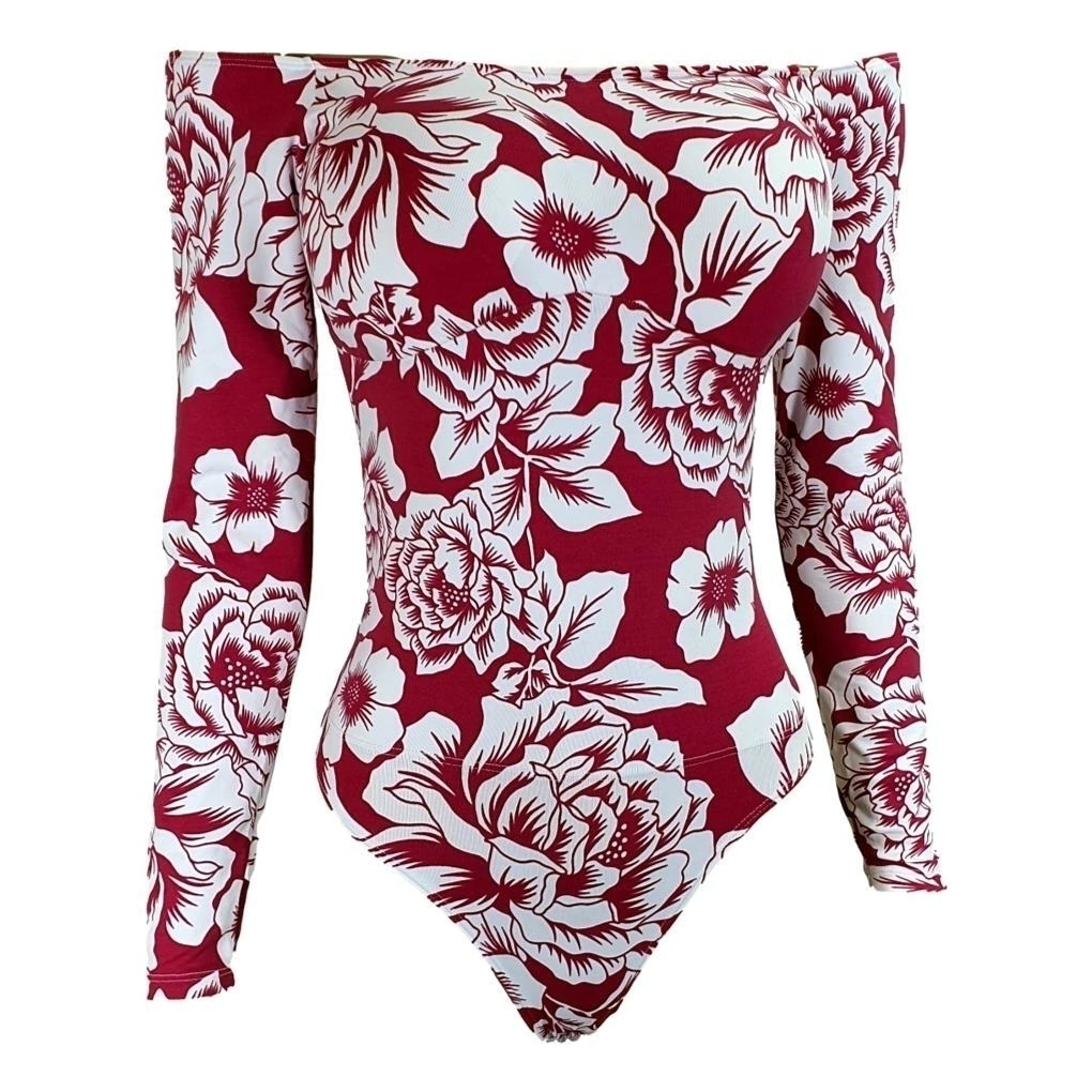 Body Redutor De Medidas Alta Compressão Mooah Ombro Á Ombro Manga Longa Estampa Floral Vermelho