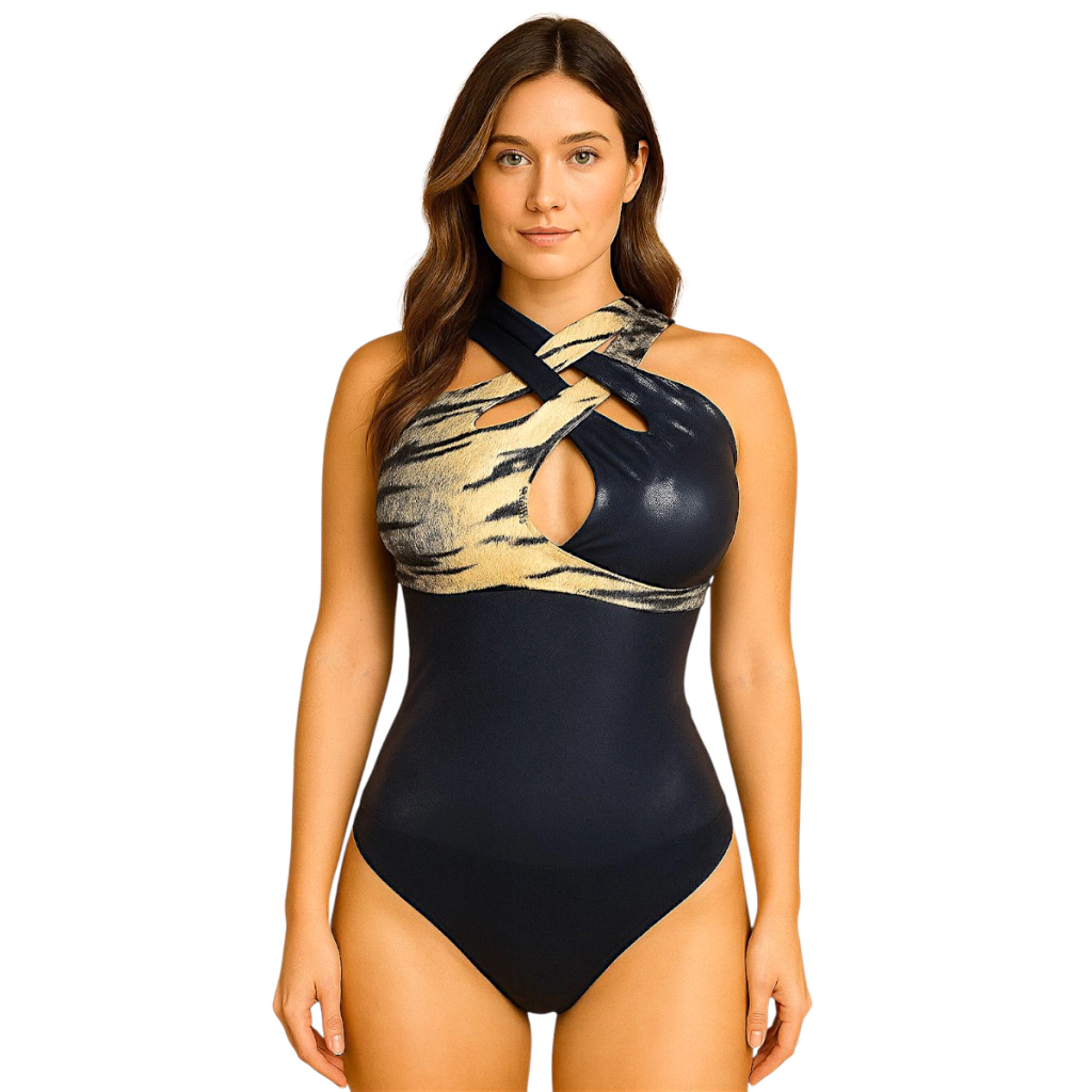 BODY BUSTO CRUZADO MODELADOR ALTA COMPRESSÃO MOOAH ESTAMPA GEL PRETO ANIMAL PRINT BUSTO DOURADO
