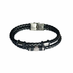Pulsera Negra Doble Caucho Acero Dorado