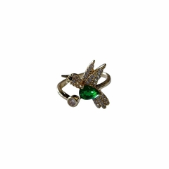 Anillo colibri cubic verde acero dorado talle 17